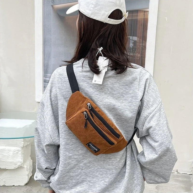 Corduroy Women Waist Bag Small Canvas Casual Shoulder Crossbody Fanny Pack