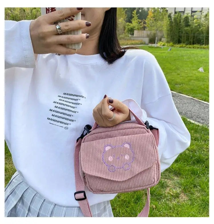 Corduroy Zipper Bag Preppy Style Student Tote Shoulder Messenger Bags