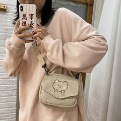Corduroy Zipper Bag Preppy Style Student Tote Shoulder Messenger Bags