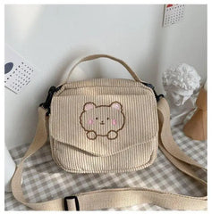 Corduroy Zipper Bag Preppy Style Student Tote Shoulder Messenger Bags