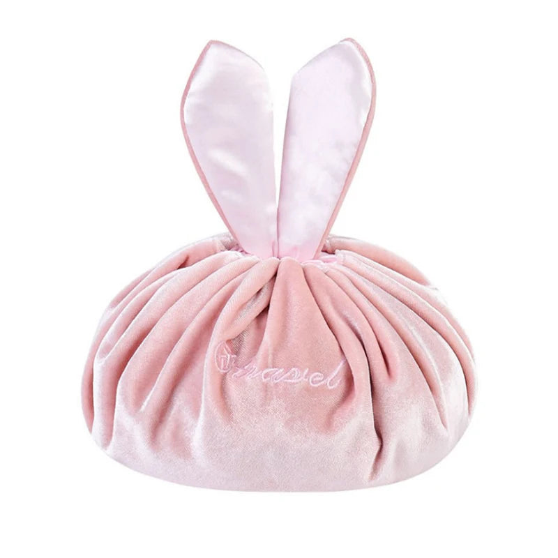 Round Velvet Soft Makeup Bag Drawstring Rabbit Ear Travel Make Up Organizer