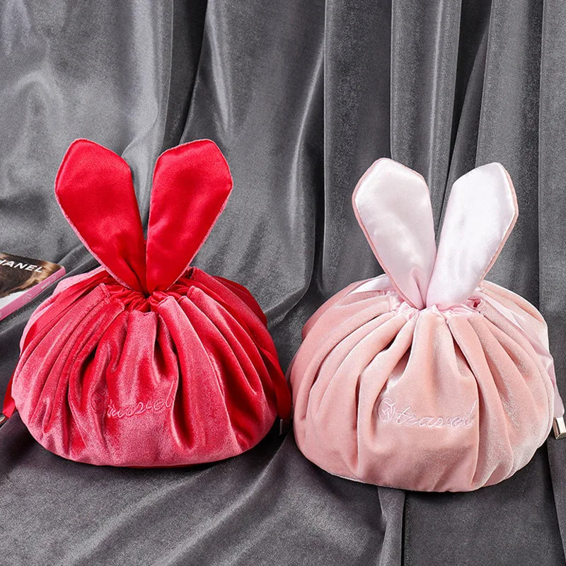 Velvet Soft Makeup Bag Drawstring Rabbit Ear Travel Cosmetic Organizer