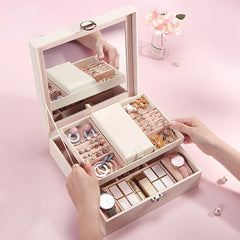 Lockable Mirror Jewelry Box Necklace Earring Storage Box