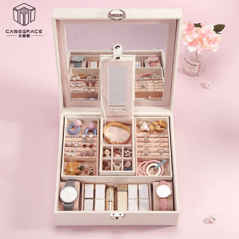Lockable Mirror Jewelry Box Necklace Earring Storage Box