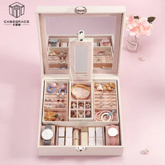 Lockable Mirror Jewelry Box Necklace Earring Storage Box