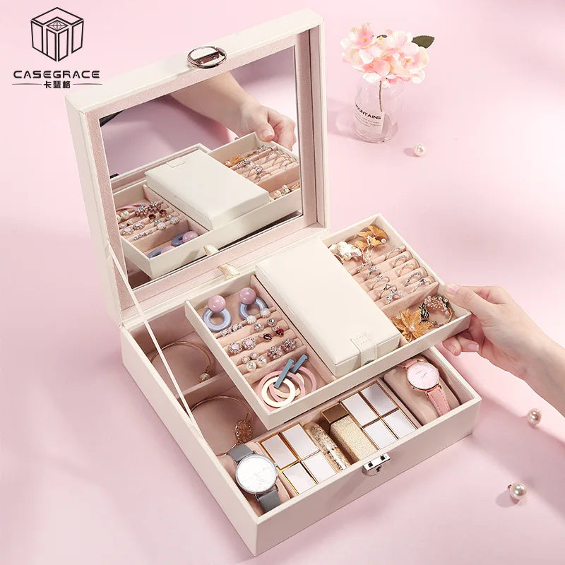 Lockable Mirror Jewelry Box Necklace Earring Storage Box