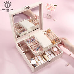 Lockable Mirror Jewelry Box Necklace Earring Storage Box
