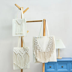 Cotton Linen Braided Tote Bag with Tassels - Casual Women's Handbag