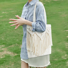 Cotton Linen Braided Tote Bag with Tassels - Casual Women's Handbag