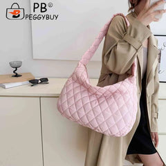Cotton Padded Women Handbags Rhombus Pattern Tote Large Capacity Armpit Bag
