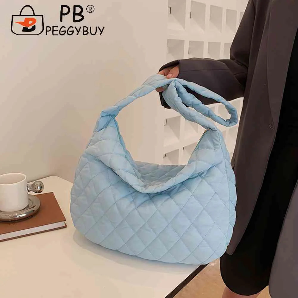 Cotton Padded Women Handbags Rhombus Pattern Tote Large Capacity Armpit Bag