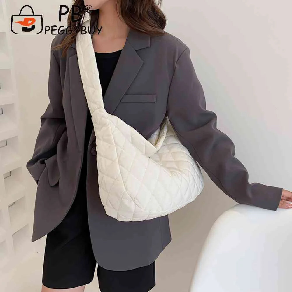 Cotton Padded Women Handbags Rhombus Pattern Tote Large Capacity Armpit Bag