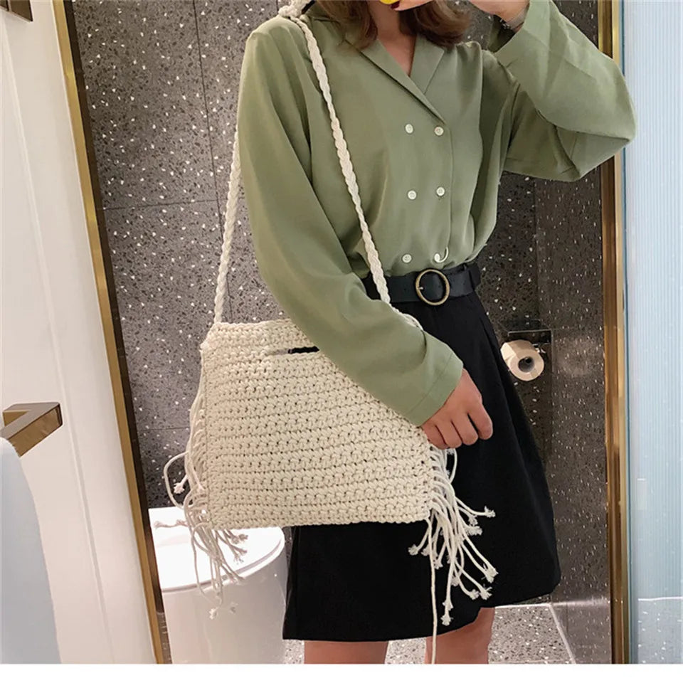 Cotton Woven Fringed Beach Straw Bag for Women