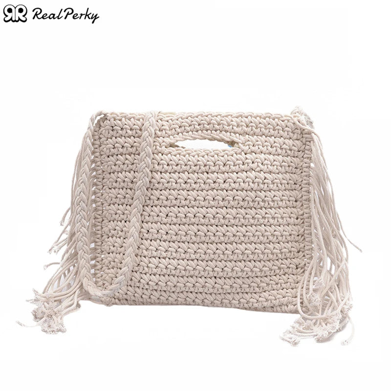 Cotton Woven Fringed Beach Straw Bag for Women