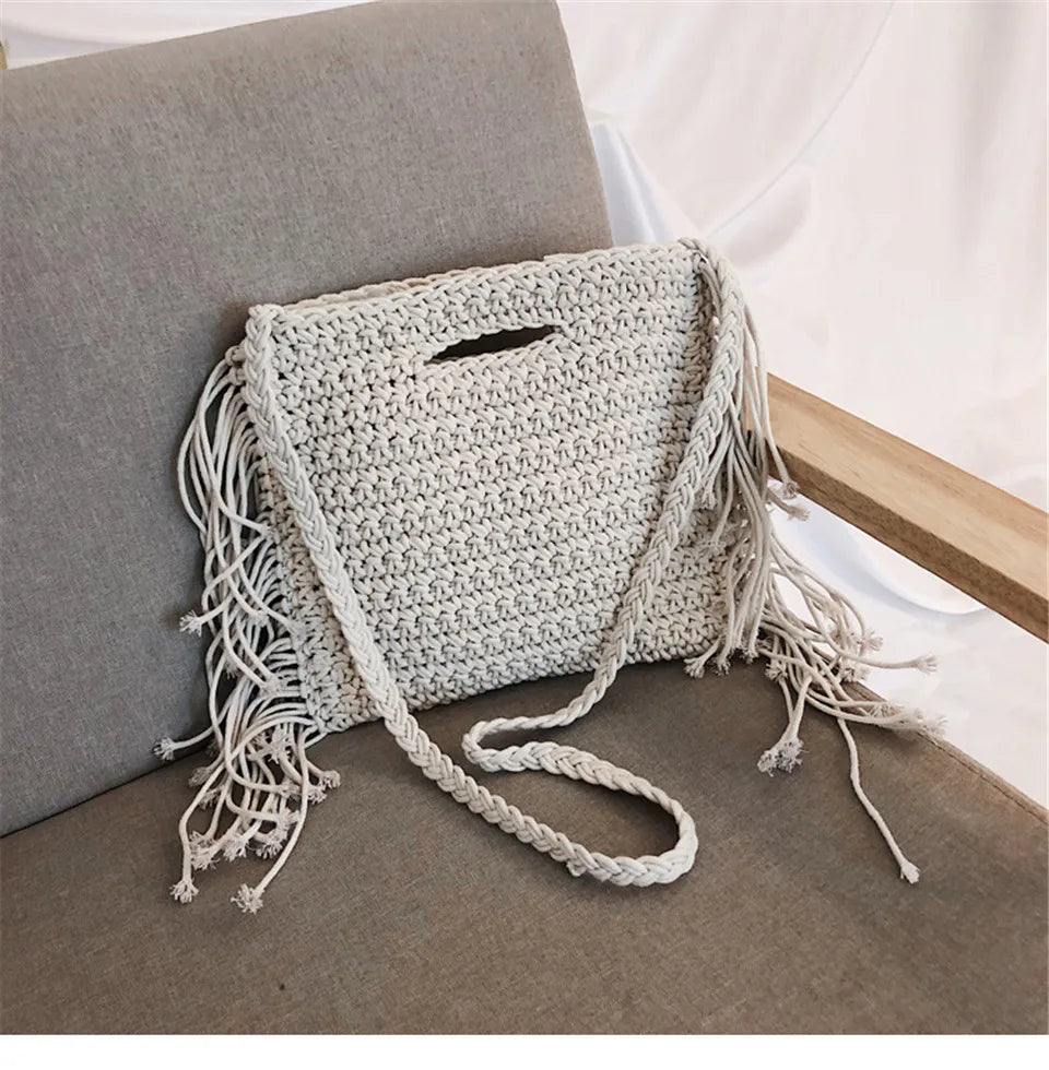 Cotton Woven Fringed Beach Straw Bag for Women