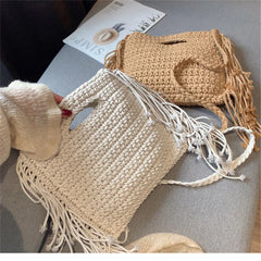 Cotton Woven Fringed Beach Straw Bag for Women
