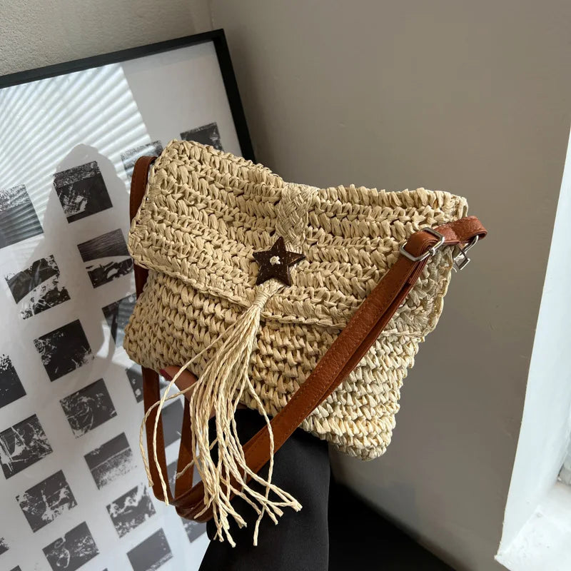 Women Beach Straw Shoulder Bag Tassel Boho Crossbody Handbag Clutch Purse