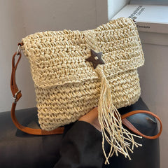 Women Beach Straw Shoulder Bag Tassel Boho Crossbody Handbag Clutch Purse