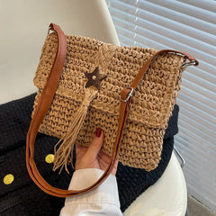 Women Beach Straw Shoulder Bag Tassel Boho Crossbody Handbag Clutch Purse