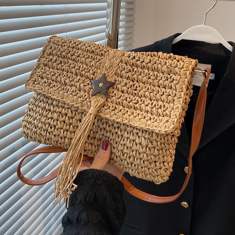 Women Beach Straw Shoulder Bag Tassel Boho Crossbody Handbag Clutch Purse
