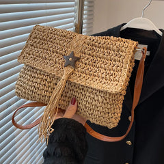 Women Beach Straw Shoulder Bag Tassel Boho Crossbody Handbag Clutch Purse