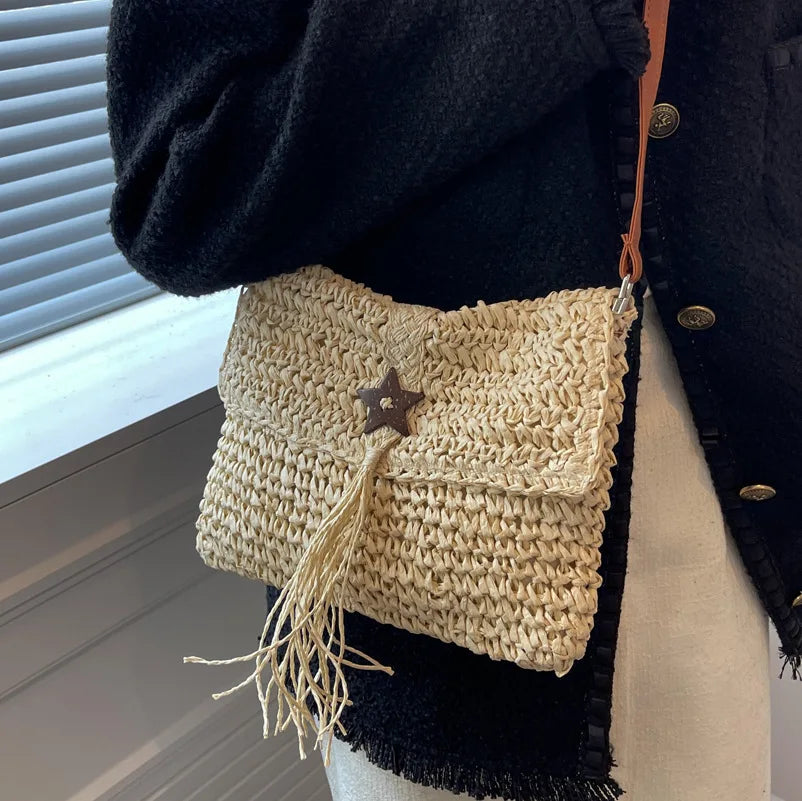 Women Beach Straw Shoulder Bag Tassel Boho Crossbody Handbag Clutch Purse