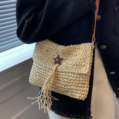 Women Beach Straw Shoulder Bag Tassel Boho Crossbody Handbag Clutch Purse
