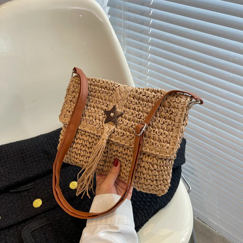 Women Beach Straw Shoulder Bag Tassel Boho Crossbody Handbag Clutch Purse
