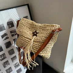 Women Beach Straw Shoulder Bag Tassel Boho Crossbody Handbag Clutch Purse