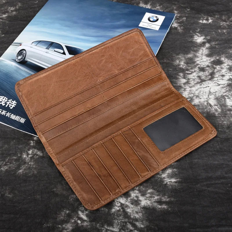 Cow Leather Wallet Men Long Vintage Wallet Multi-card Slot Purse Money Bag Brown