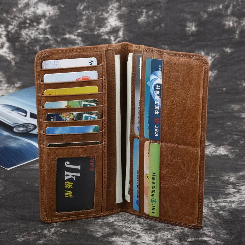 Cow Leather Wallet Men Long Vintage Wallet Multi-card Slot Purse Money Bag Brown