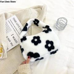 Cow Print Plush Shoulder Purse Soft Fur Handbag Wedding Totes Girls Clutches Bag