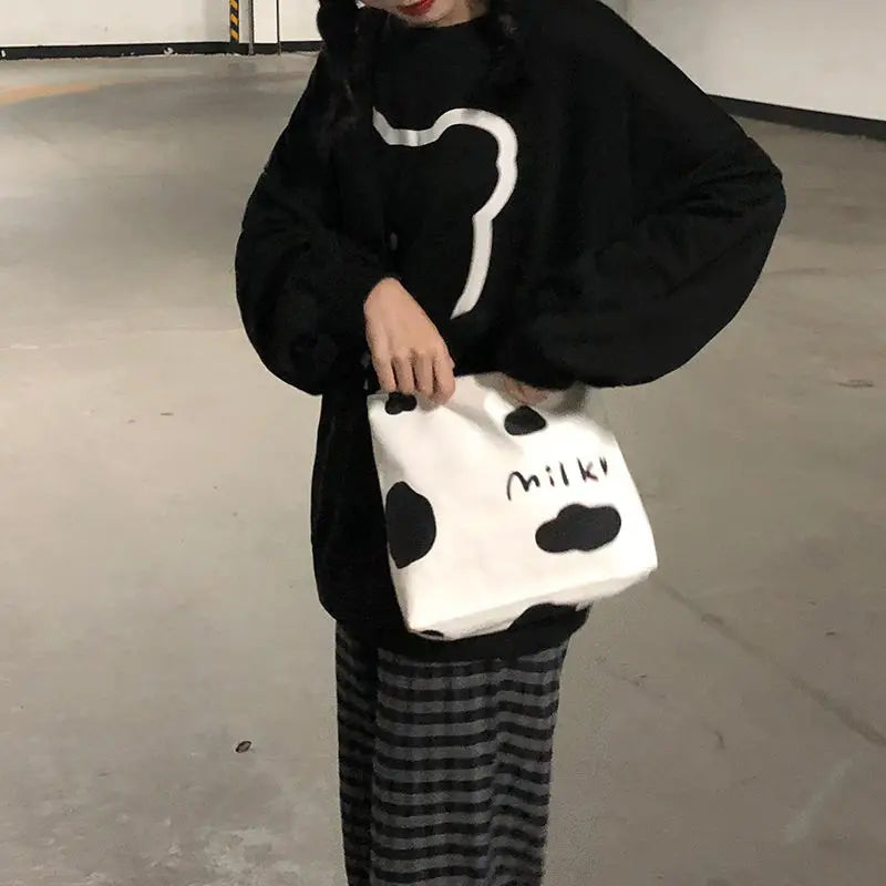 Cow Printed Shoulder Bags Women Canvas Bag Large Capacity Harajuku