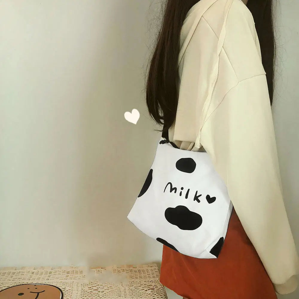 Cow Printed Shoulder Bags Women Canvas Bag Large Capacity Harajuku