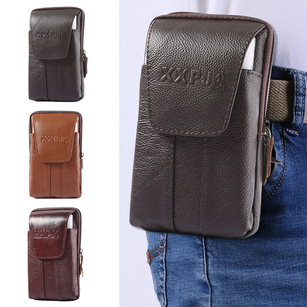 Cowhide Leather Fanny Waist Packs Men Classic Texture Casual Phone Pouch