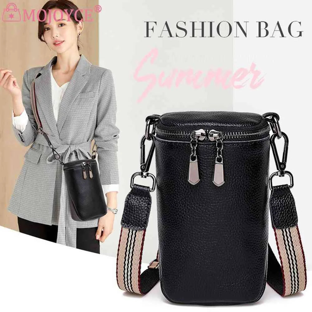 Cowhide Leather Mini Shoulder Crossbody Bag Solid Zipper Wide Strap