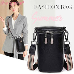 Cowhide Leather Mini Shoulder Crossbody Bag Solid Zipper Wide Strap