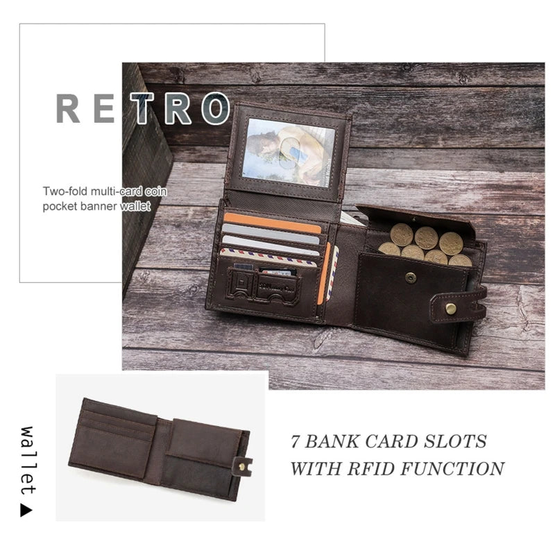 Cowhide Wallet Snap Closure RFID Anti-theft Brush Men Short Purse Clutch Pocket
