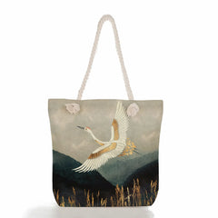 Crane Beach Tote Bag Eco Reusable Shoulder Shopping Bags Japanese Ukiyoe