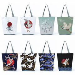 Crane Bird Print Tote Bag Eco Friendly Women Shoulder Bag High Capacity