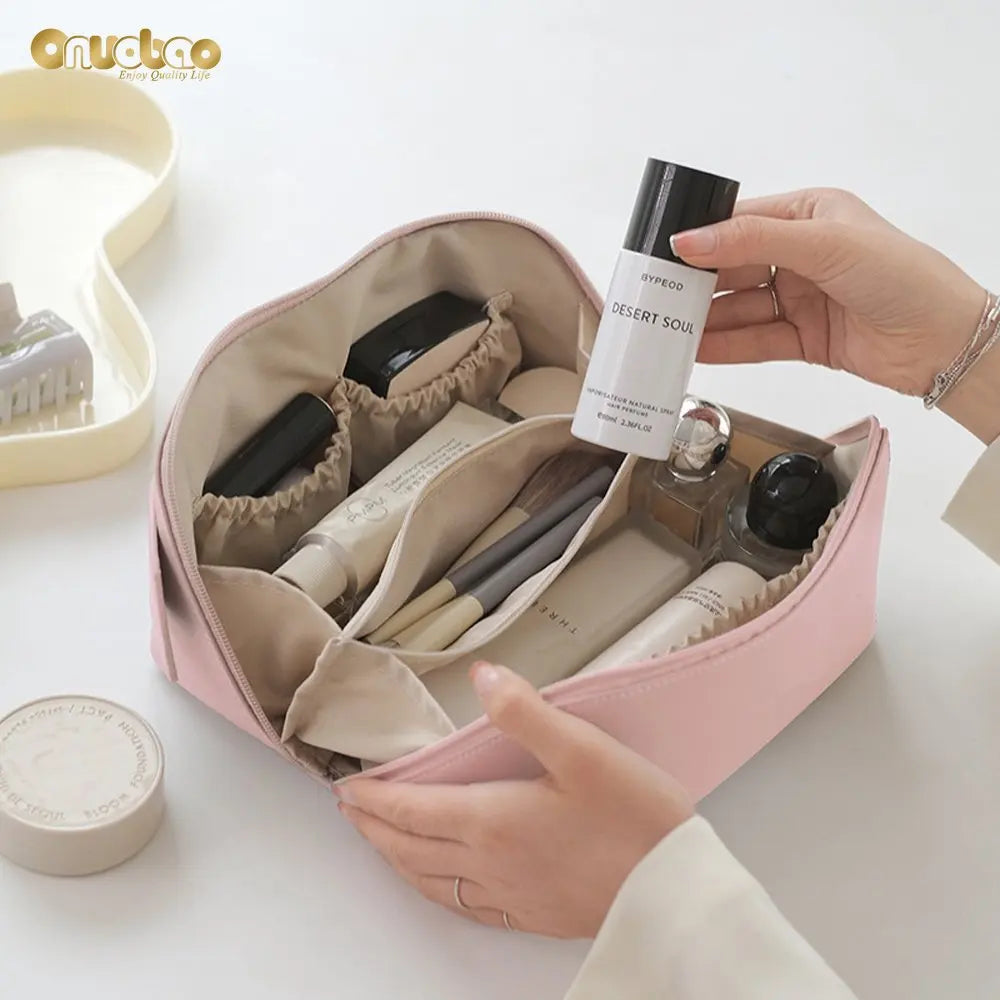 Cream Leather Makeup Bag Ladies Women Pillow Bags PU Cosmetic Large Travel B