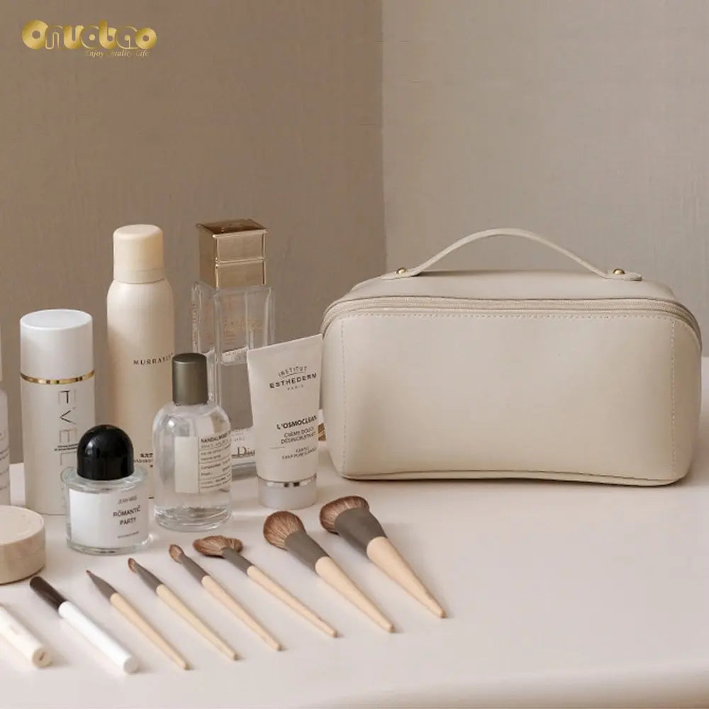 Cream Leather Makeup Bag Ladies Women Pillow Bags PU Cosmetic Large Travel B