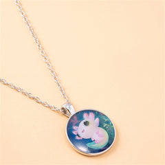Cartoon Pink Axolotl Glass Pendant Necklace for Women Round Party Animal Jewelry