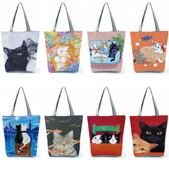Cat Print Shopping Bag Large Capacity Tote Handbag Shoulder Bag Japanese Pattern