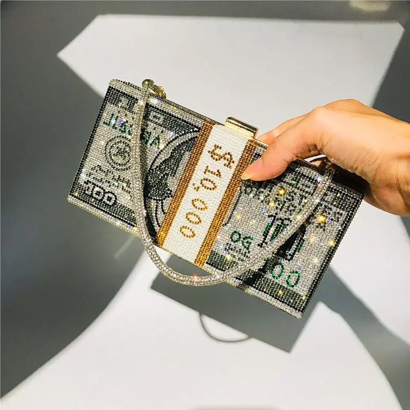 Rhinestone Money Clutch Purse - 10000 Dollars Stack Bags