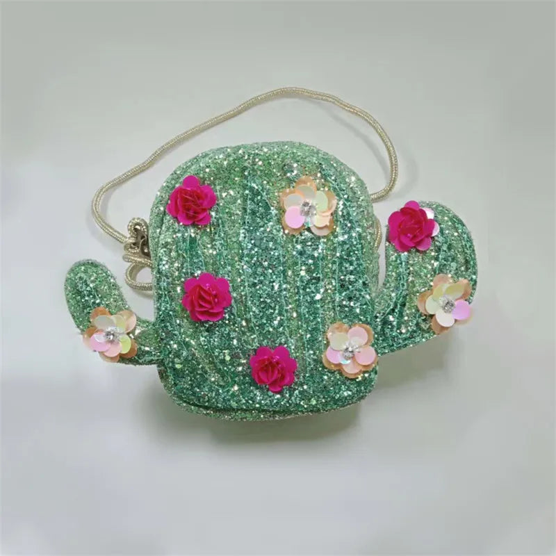 Green Cactus Plant Shoulder Bag Sequin Flower Crossbody Purse