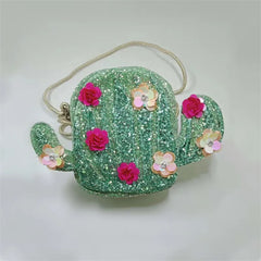 Green Cactus Plant Shoulder Bag Sequin Flower Crossbody Purse