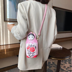 Matryoshka Print Crossbody Bag Women PU Leather Shoulder Bag
