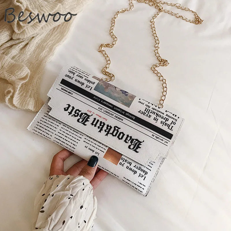 Newspaper Chain Crossbody Bag For Women Funny Pu Leather Lady Shoulder Messenger