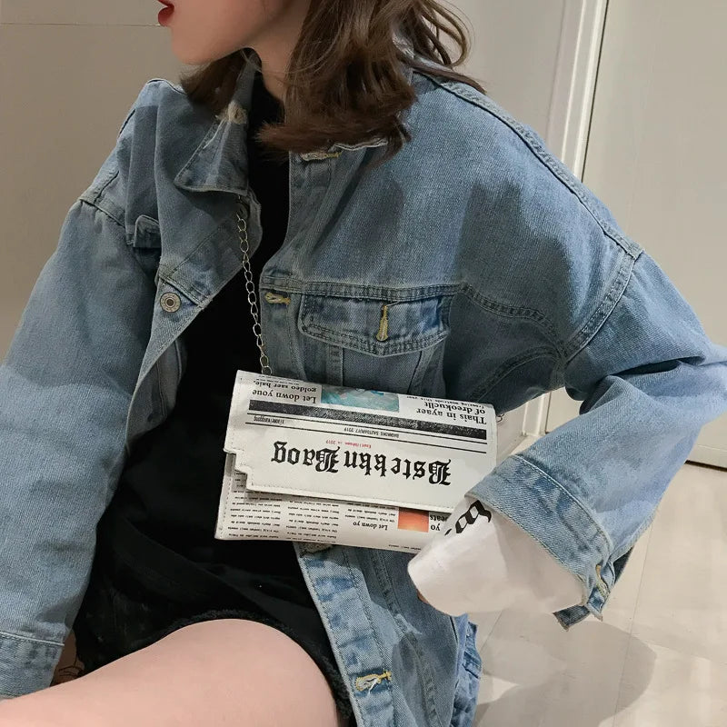 Newspaper Chain Crossbody Bag For Women Funny Pu Leather Lady Shoulder Messenger